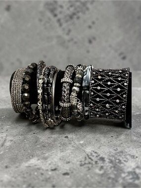 Gothic Punk Black Silver Beaded Bracelet Stack Lot